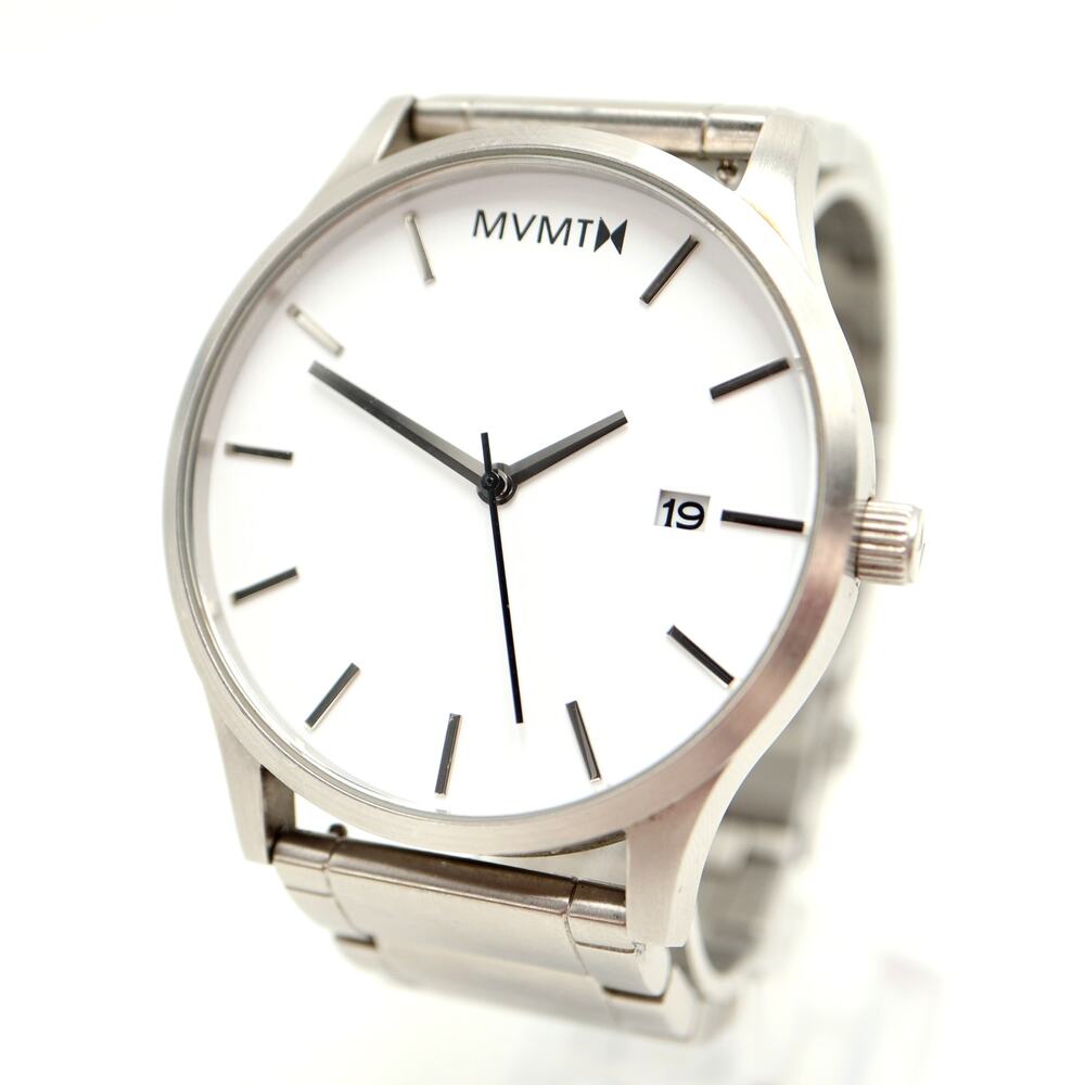 MVMT Mens 44mm Date Minimal Dress Watch White Dial Stainless Steel w New Battery